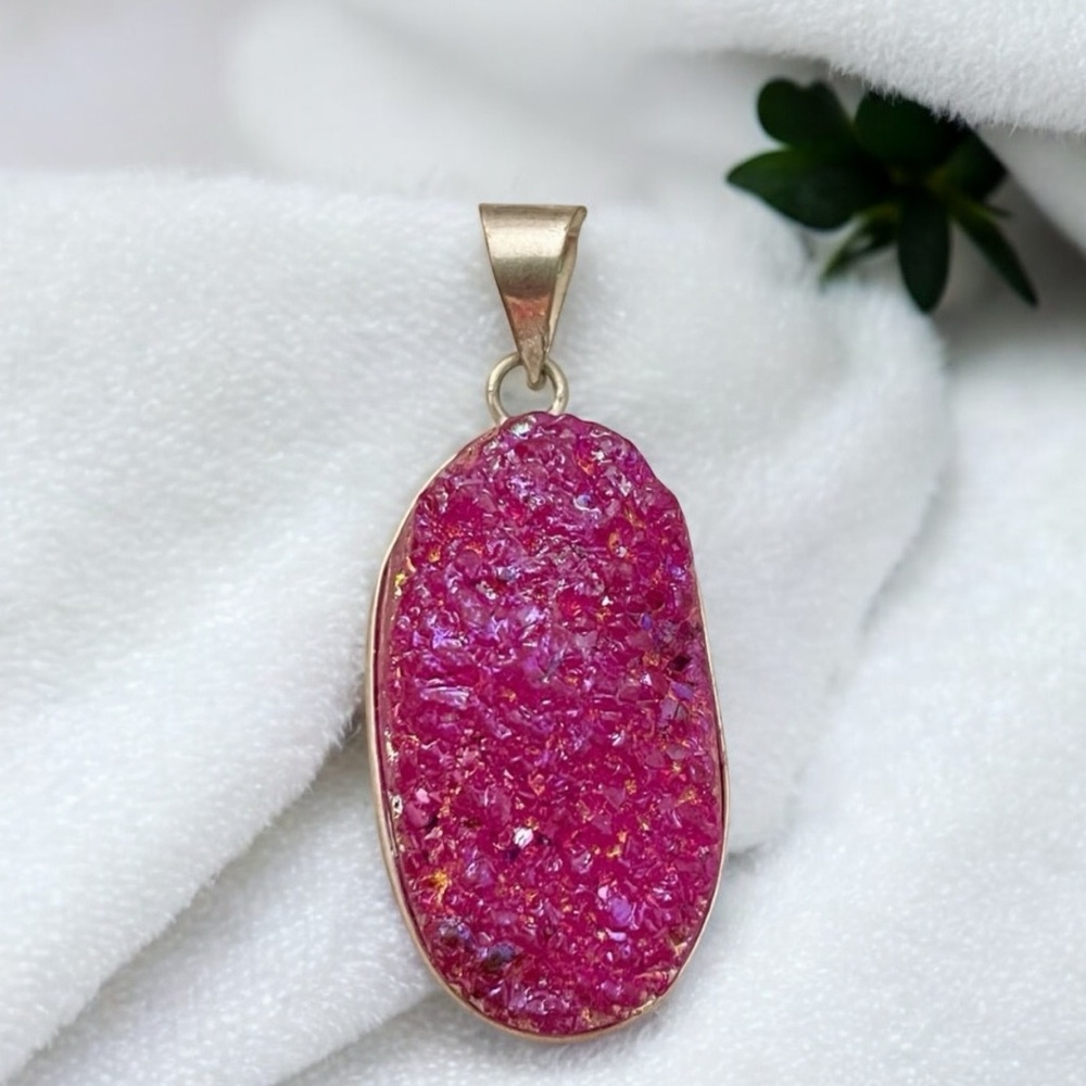 Pink Druzy Silver Pendant in sterling silver 925 overlay